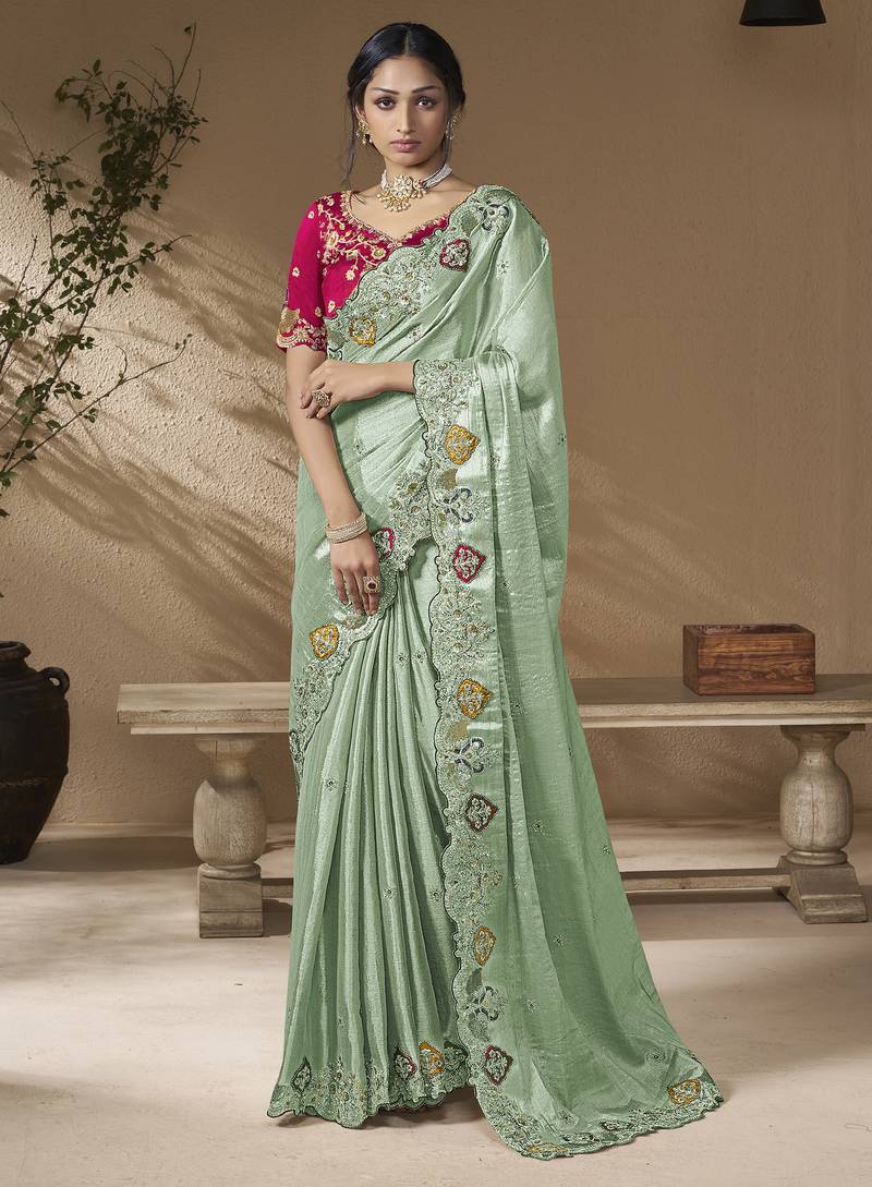 Sea green embroidered viscose wedding saree with premium embroidered blouse fabric