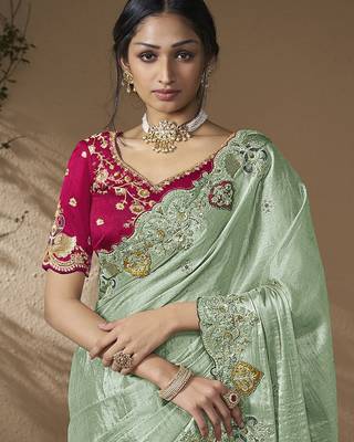 Sea green embroidered viscose wedding saree with premium embroidered blouse fabric 2