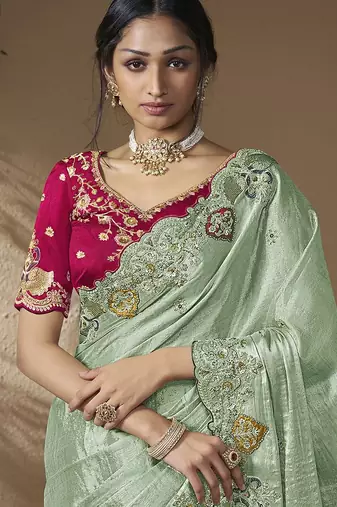 Sea green embroidered viscose wedding saree with premium embroidered blouse fabric