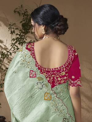 Sea green embroidered viscose wedding saree with premium embroidered blouse fabric 3