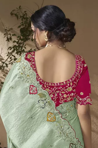 Sea green embroidered viscose wedding saree with premium embroidered blouse fabric
