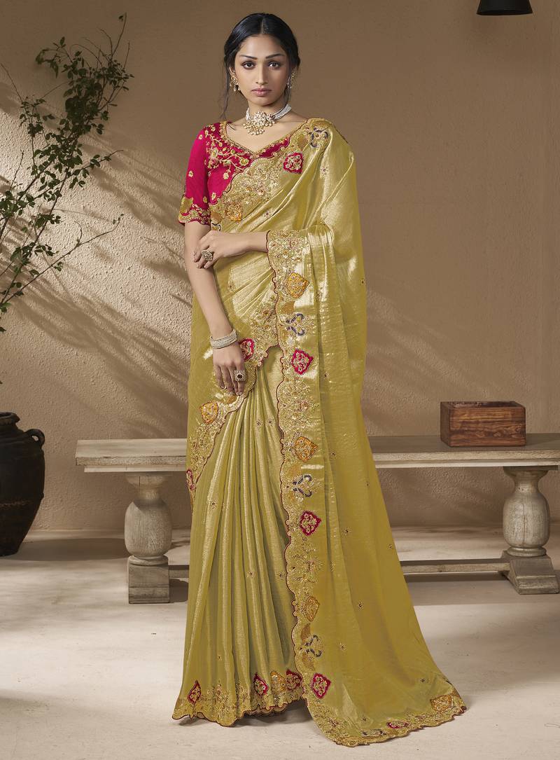 Multicolor embroidered viscose wedding saree with premium embroidered blouse fabric