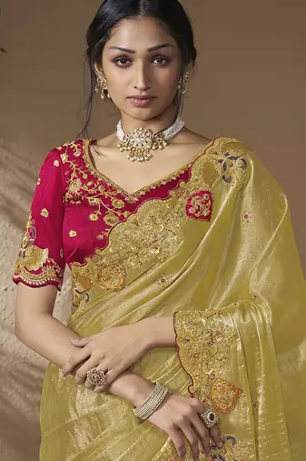 Multicolor embroidered viscose wedding saree with premium embroidered blouse fabric