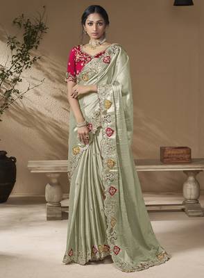 Grey embroidered viscose wedding saree with premium embroidered blouse fabric 1