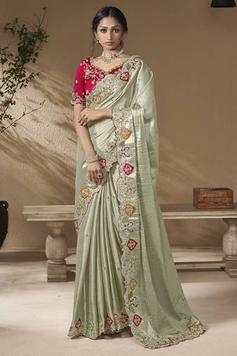 Grey embroidered viscose wedding saree with premium embroidered blouse fabric
