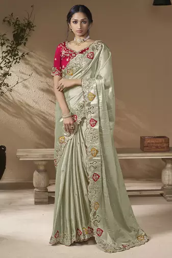 Grey embroidered viscose wedding saree with premium embroidered blouse fabric