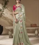 Grey embroidered viscose wedding saree with premium embroidered blouse fabric
