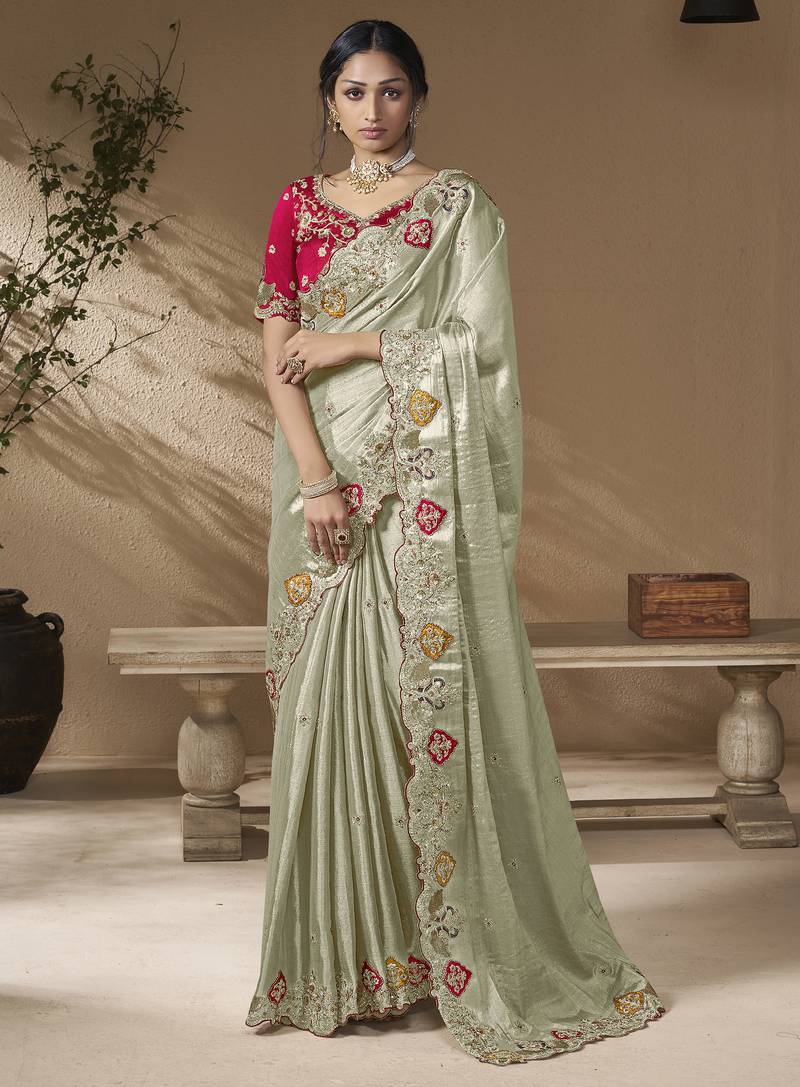 Grey embroidered viscose wedding saree with premium embroidered blouse fabric