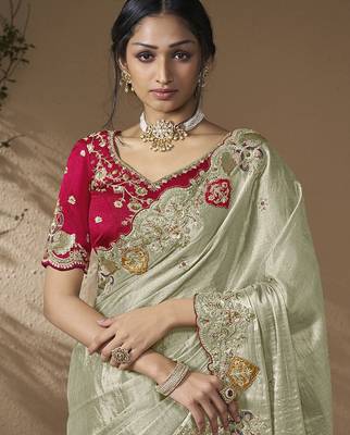 Grey embroidered viscose wedding saree with premium embroidered blouse fabric 2