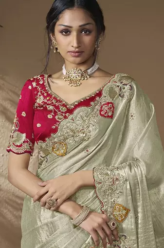 Grey embroidered viscose wedding saree with premium embroidered blouse fabric