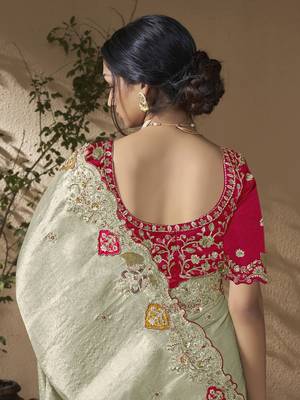 Grey embroidered viscose wedding saree with premium embroidered blouse fabric 3