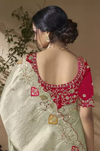 Grey embroidered viscose wedding saree with premium embroidered blouse fabric