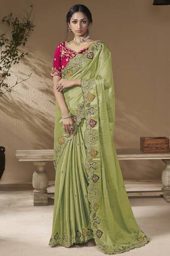 Green embroidered viscose wedding saree with premium embroidered blouse fabric