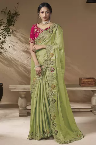 Green embroidered viscose wedding saree with premium embroidered blouse fabric