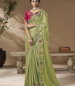 Green embroidered viscose wedding saree with premium embroidered blouse fabric