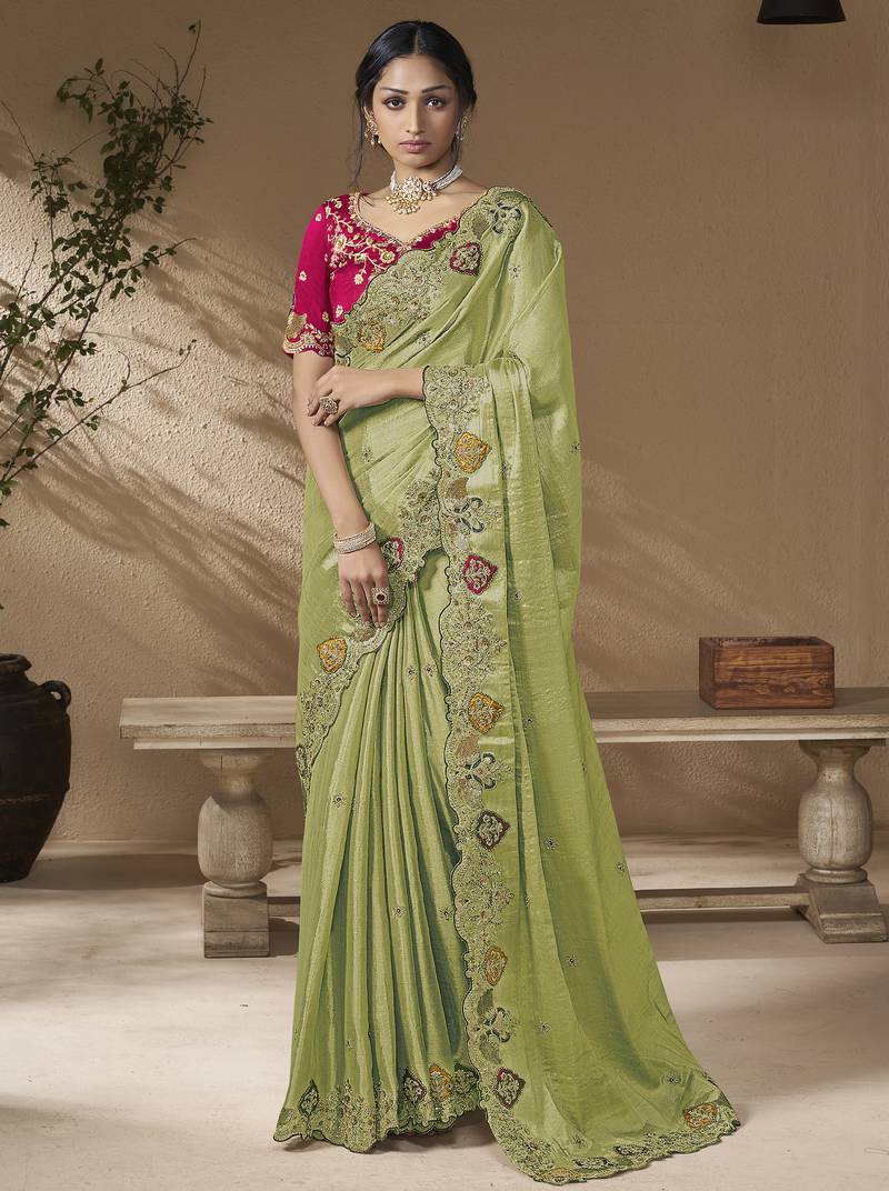 Green embroidered viscose wedding saree with premium embroidered blouse fabric
