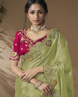 Green embroidered viscose wedding saree with premium embroidered blouse fabric 2