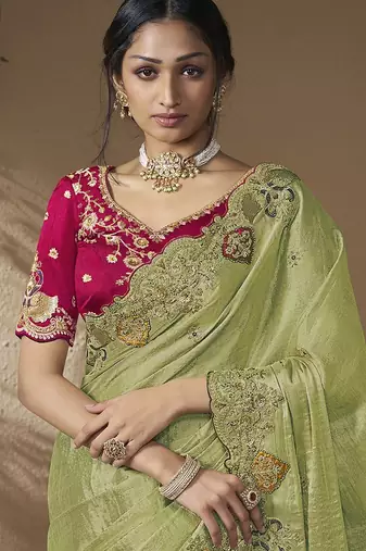 Green embroidered viscose wedding saree with premium embroidered blouse fabric