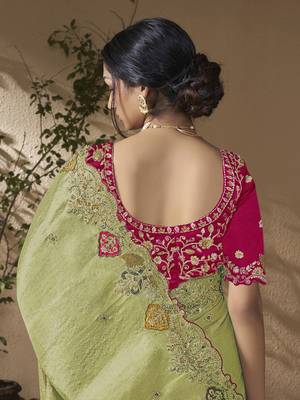 Green embroidered viscose wedding saree with premium embroidered blouse fabric 3