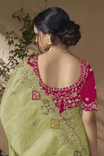 Green embroidered viscose wedding saree with premium embroidered blouse fabric