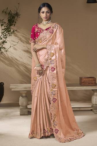 Peach embroidered viscose wedding saree with premium embroidered blouse fabric