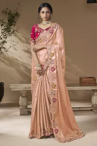 Peach embroidered viscose wedding saree with premium embroidered blouse fabric