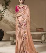 Peach embroidered viscose wedding saree with premium embroidered blouse fabric