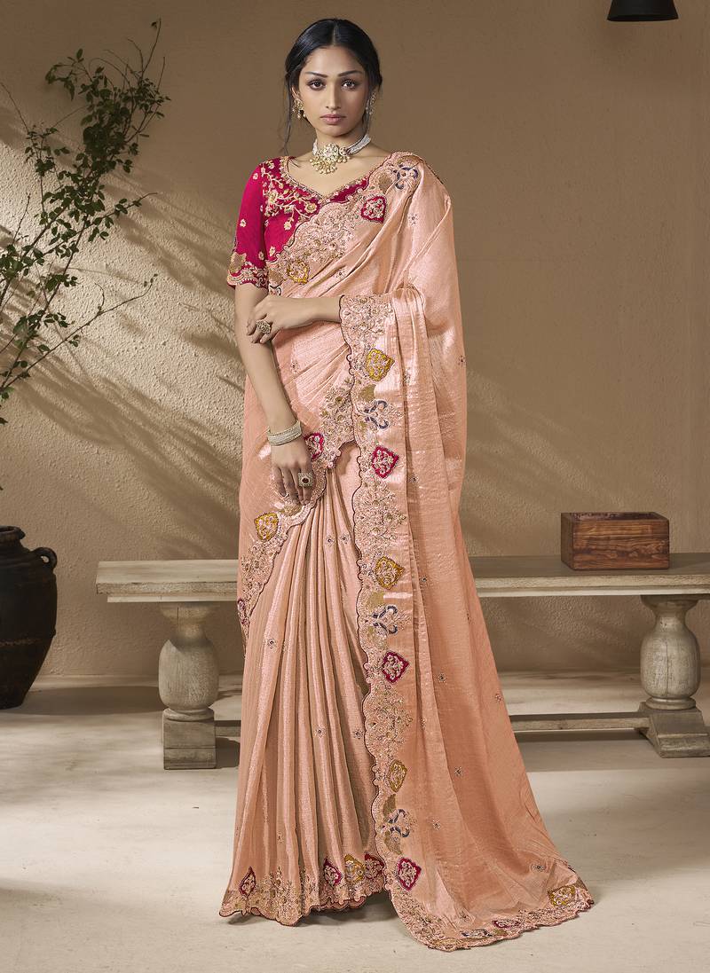 Peach embroidered viscose wedding saree with premium embroidered blouse fabric