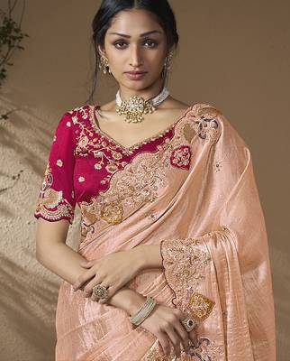 Peach embroidered viscose wedding saree with premium embroidered blouse fabric 2