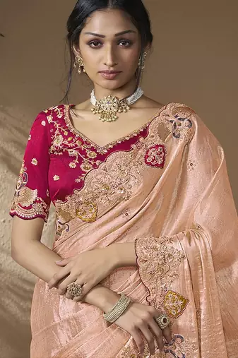 Peach embroidered viscose wedding saree with premium embroidered blouse fabric