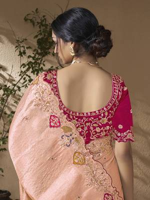 Peach embroidered viscose wedding saree with premium embroidered blouse fabric 3
