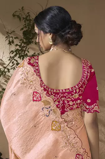 Peach embroidered viscose wedding saree with premium embroidered blouse fabric