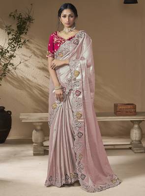 Lavender embroidered viscose wedding saree with premium embroidered blouse fabric 1