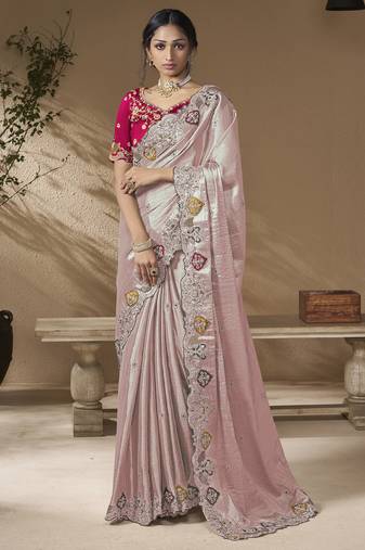 Lavender embroidered viscose wedding saree with premium embroidered blouse fabric