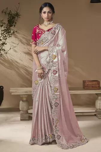 Lavender embroidered viscose wedding saree with premium embroidered blouse fabric