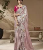Lavender embroidered viscose wedding saree with premium embroidered blouse fabric