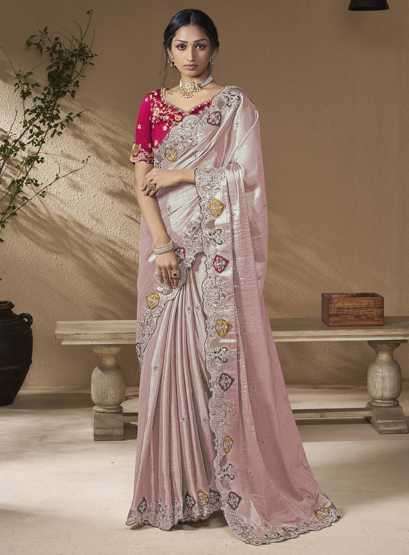 Lavender embroidered viscose wedding saree with premium embroidered blouse fabric