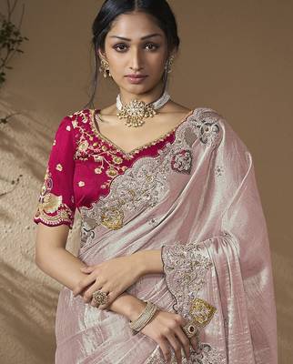 Lavender embroidered viscose wedding saree with premium embroidered blouse fabric 2