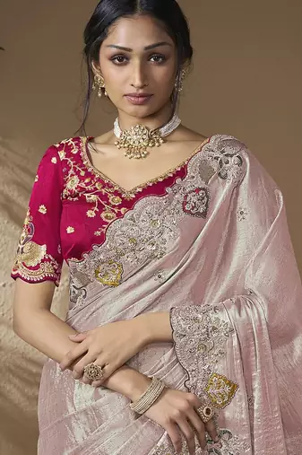 Lavender embroidered viscose wedding saree with premium embroidered blouse fabric
