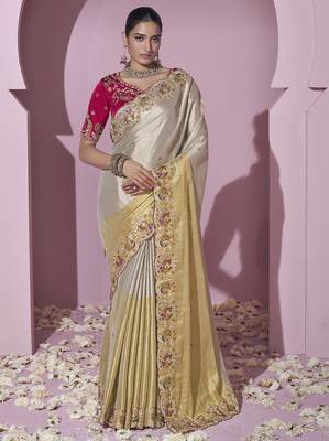 Gold embroidered viscose wedding saree with premium embroidered blouse fabric 1