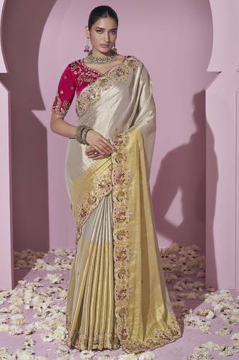 Gold embroidered viscose wedding saree with premium embroidered blouse fabric