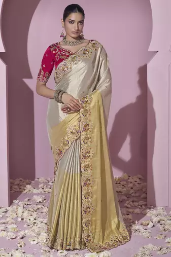 Gold embroidered viscose wedding saree with premium embroidered blouse fabric