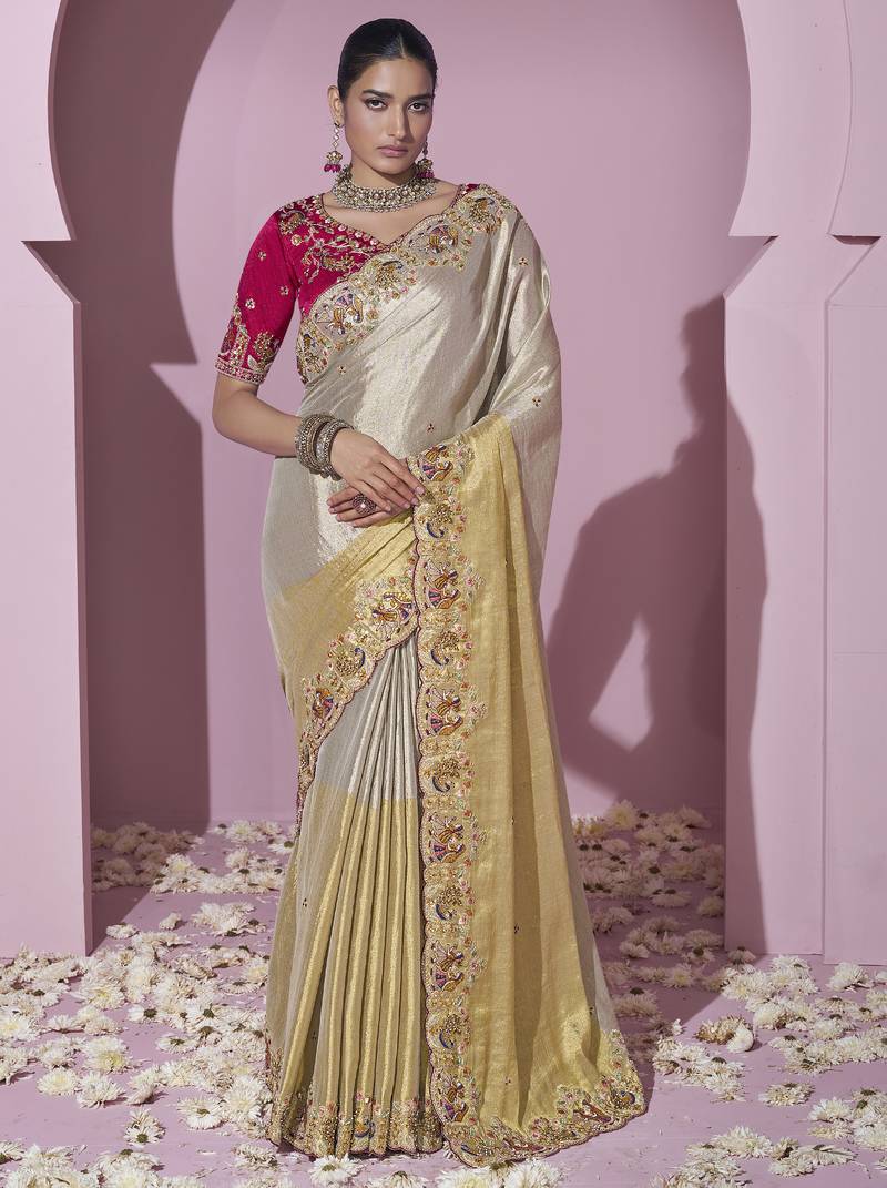 Gold embroidered viscose wedding saree with premium embroidered blouse fabric
