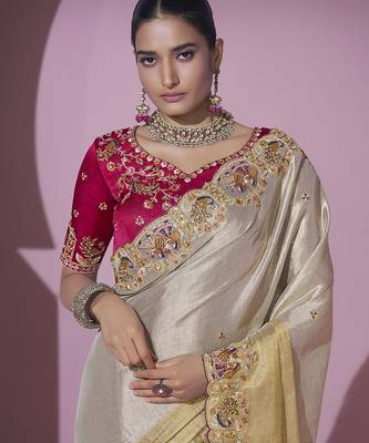 Gold embroidered viscose wedding saree with premium embroidered blouse fabric 2
