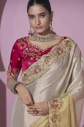 Gold embroidered viscose wedding saree with premium embroidered blouse fabric