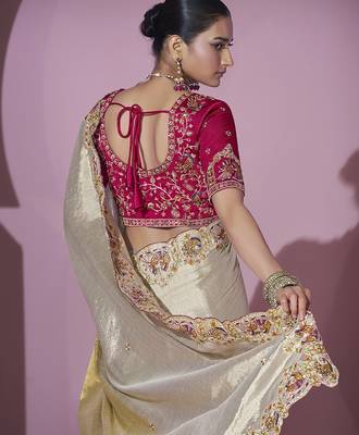 Gold embroidered viscose wedding saree with premium embroidered blouse fabric 3