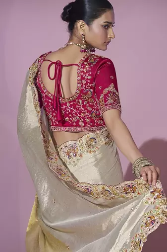 Gold embroidered viscose wedding saree with premium embroidered blouse fabric