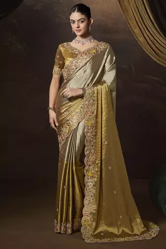 Gold embroidered viscose wedding saree with premium embroidered blouse fabric