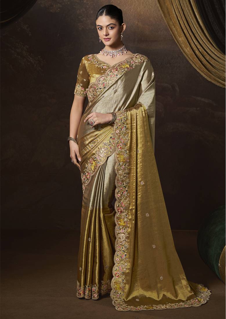 Gold embroidered viscose wedding saree with premium embroidered blouse fabric