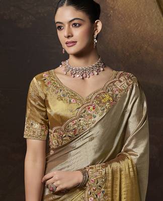 Gold embroidered viscose wedding saree with premium embroidered blouse fabric 2
